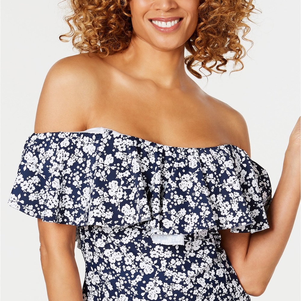 Island Escape Ruffled Off-The-Shoulder Tankini Top
